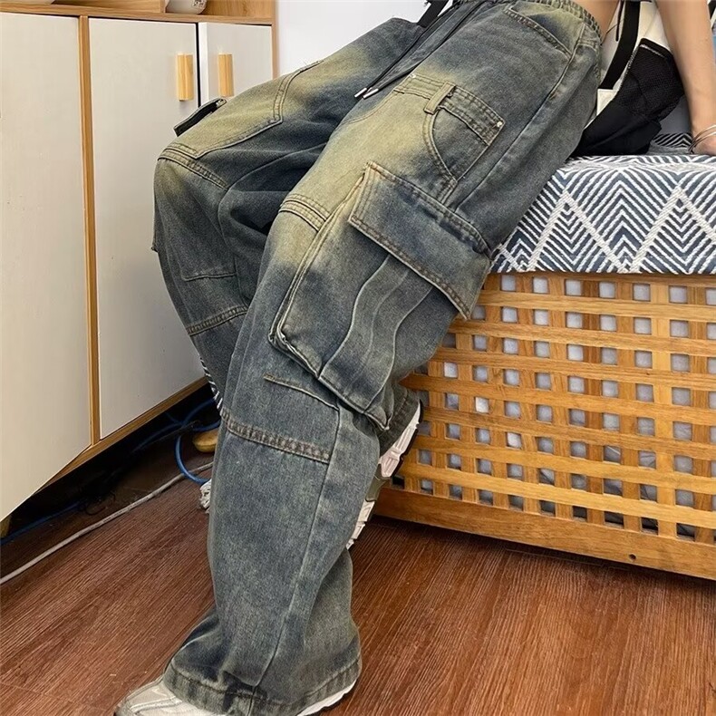 美式街头风多口袋水洗工装牛仔裤男女宽松阔腿长裤潮N1115-P62图片