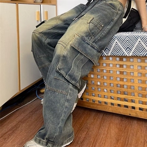美式街头风多口袋水洗工装牛仔裤男女宽松阔腿长裤潮N1115-P62图片