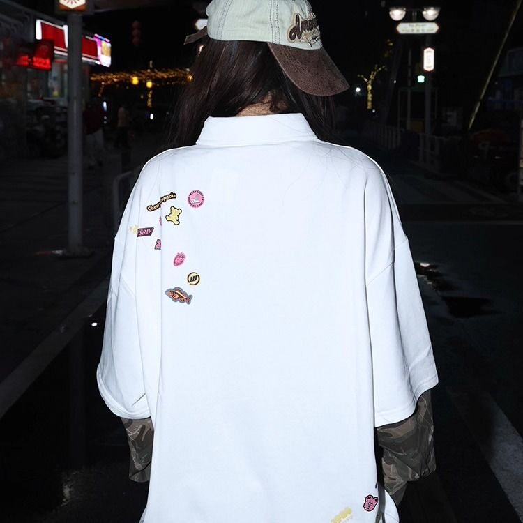 卡通印花拼接迷彩长袖polo衫假两件春秋季情侣学院风卫衣WYT606,男装卫衣,星座516A