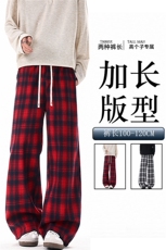 190加长裤子男高个子格子裤复古宽松慵懒风直筒阔腿休闲长裤KZ100，男装休闲裤，电商B312