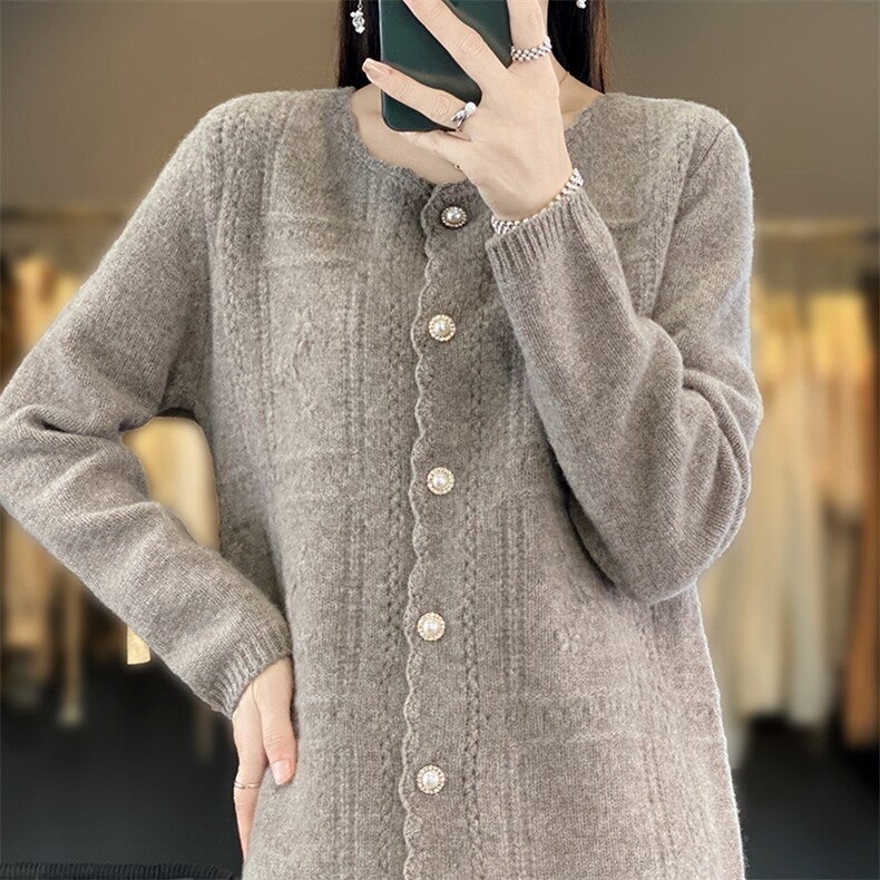 2025秋冬100%纯羊毛开衫女圆领绣花外搭毛衣百搭宽松针织外套新,女装羊毛衫,北娇羊绒