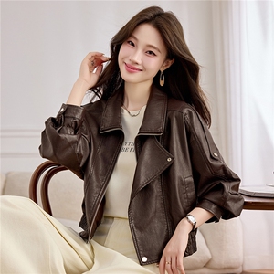 韩版时尚棕色PU皮衣女短款宽松休闲外套2633休闲/淑女2026秋季图片