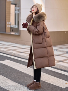 水衣源8806款中长款连帽狐狸毛领宽松阔版加厚保暖羽绒服女图片