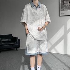TZ780-特批55控98夏季新款扎染假俩件大码短袖短裤T恤套装，男装休闲套装，电商A059