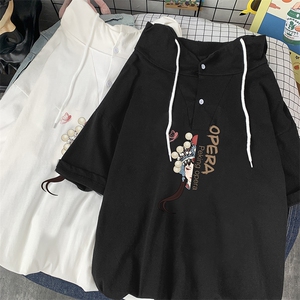 LD54161-P45 连帽短袖t恤男大码胖子带帽五分袖中袖图片