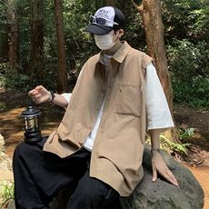 夏季日系男工装短袖衬衫痞帅高级感休闲假两件衬衣五分袖C085-P40，男装衬衫，星座308B-1