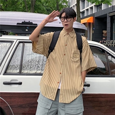 衬衫男韩版潮流短袖条纹贴标帅2026夏季新款ins宽松外套CY384-P36，男装T恤，星座412
