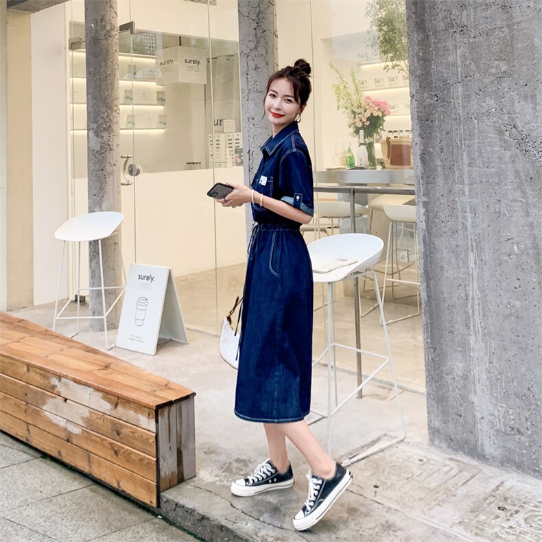 2021夏季时尚简约大方气质优雅收腰显色纯色印花性感休闲连衣裙牛仔，女装连衣裙，帛香坊