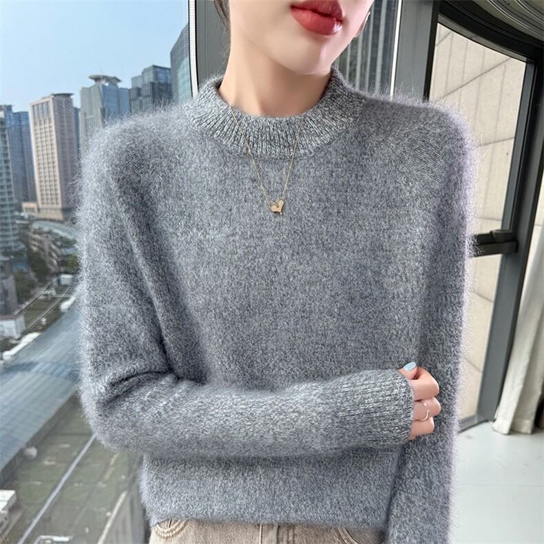 重磅加厚花纱圆领针织打底衫女2025新款长袖保暖显瘦上衣貂绒衫韩,针织衫/毛衣,冬贝尔貂绒