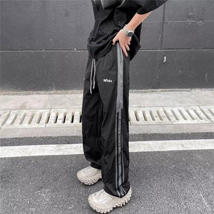 DK2841-P40新款美式2024透气休闲宽松抽绳拼接直筒裤子男士潮流
