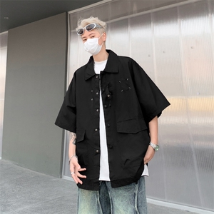 夏季新款工装大口袋潮牌衬衫短袖男宽松休闲薄款图片