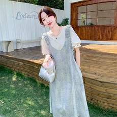短袖夏季翻领中长裙宽松腰连衣裙法式宽松牛仔辣妈，女装套装/套裙，2C113