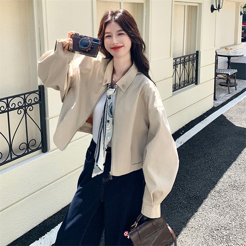 超火爆款丝巾翻领短外套女2025秋季新款宽松休闲减龄显瘦夹克上衣,女装短外套,2C007