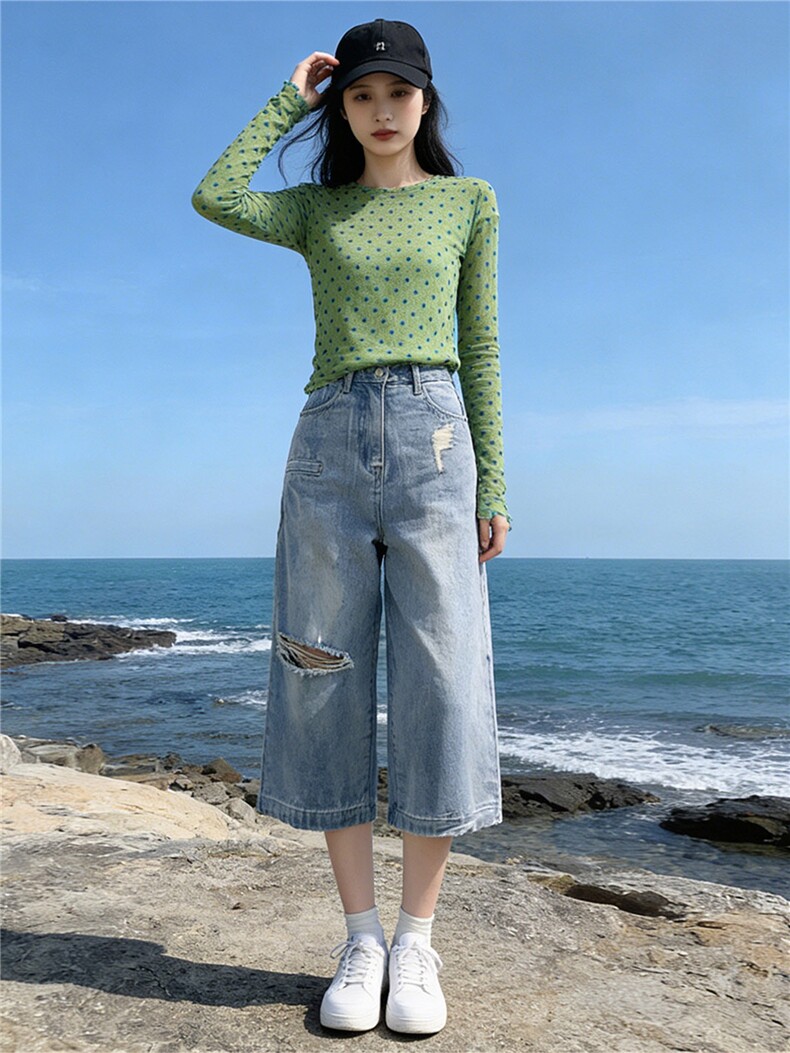 个性时尚套装女夏季新款圆领波点网纱长袖宽松破洞牛仔中裤两件套,女装套装/套裙,江南