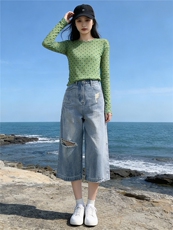 个性时尚套装女夏季新款圆领波点网纱长袖宽松破洞牛仔中裤两件套，女装套装/套裙，江南