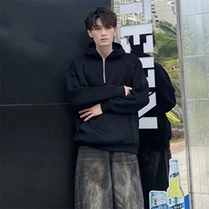 抖音得物二开美式重磅宽松结构拉链设计防风高领连帽卫衣外套W76，男装卫衣，电商A486-1