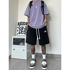 港风纯棉320G重磅水洗做旧发泡印花短裤A014-DY25089-P40控58，男装牛仔裤，电商A014