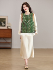 现货春季新款新中式减龄百搭圆领撞色马甲+刺绣衬衫打底两件套女，女装套装/套裙，宝儿家