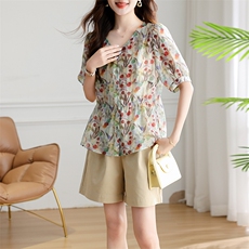 棉麻短裤女2025夏装时尚流行天丝碎花衬衫宽松显瘦漂亮，女装衬衫，深水步