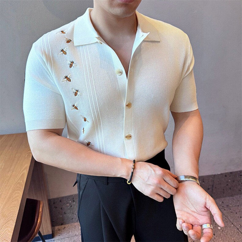 盗图小蜜蜂刺绣针织冰丝短袖开衫体恤翻领POLO衫PL134/P58图片