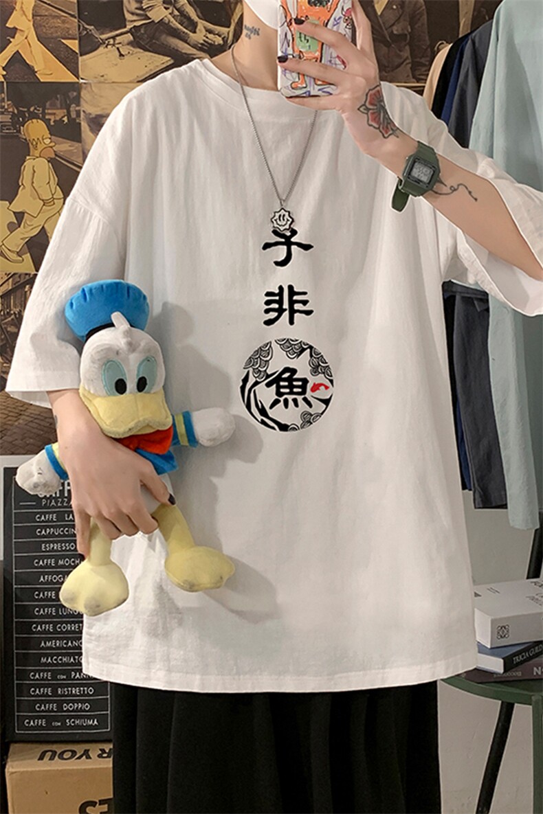 YT26070-P30 亚麻短袖t恤男大码五分袖男宽松七分袖 海报风图片
