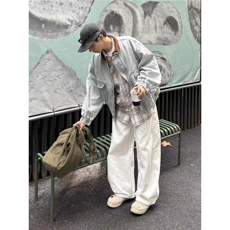 撞色复古翻领夹克牛仔衣男春秋季美式街头怀旧风水洗廓形牛仔外套,男装工装外套,星座506A
