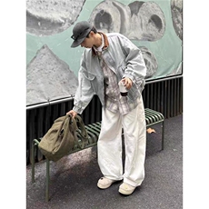 撞色复古翻领夹克牛仔衣男春秋季美式街头怀旧风水洗廓形牛仔外套，男装工装外套，星座506A