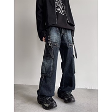 美式高街kkkvibe裤子男设计感小众阔腿裤解构拼接环扣工装牛仔裤，男装牛仔裤，星座601-2