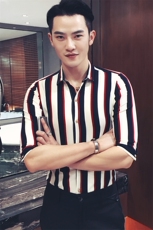 Y8450-夏季清凉时尚麻男条纹中袖衬衫七分袖衬衣潮大码衬衣P35，男装衬衫，星座717A