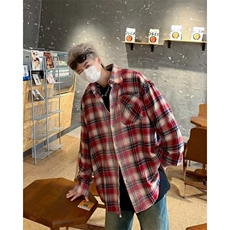 春秋款美式复古格子衬衫男士春秋新款潮流百搭拼色长袖衬衣外套，男装衬衫，星座1013