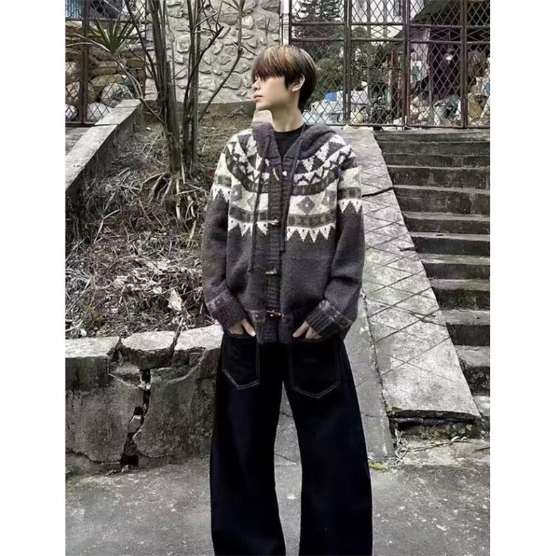 冬季新款美式牛角扣开衫毛衣男情侣慵懒松弛针织衫外套MC16,男装针织衫/毛衣,星座1116A（原606A-3）