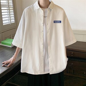 冰丝短袖衬衫男士夏季薄款港风复古学院风宽松大码半袖衬衣服外套图片
