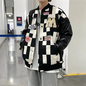 2023春季日系棒球服vintage外套黑白格拼接夹克男士  W2794-P52图片