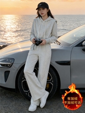 秋冬新款时尚穿搭减龄套装女收腰显瘦浅灰色连帽卫衣阔腿裤两件套，女装套装/套裙，江南