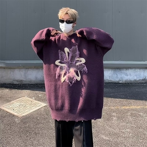 美式复古设计感圆领套头针织毛衣磨破星星毛巾绣毛衣P48图片