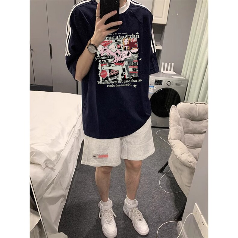 夏季美式高街重磅纯棉三条杠织带撞色男女短袖T恤ZD572-特P30,男装T恤,电商A486