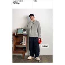 5010-P49灰色美式复古亨利领毛衣男款冬季慵懒风高级感针织衫，男装T恤，电商B323A