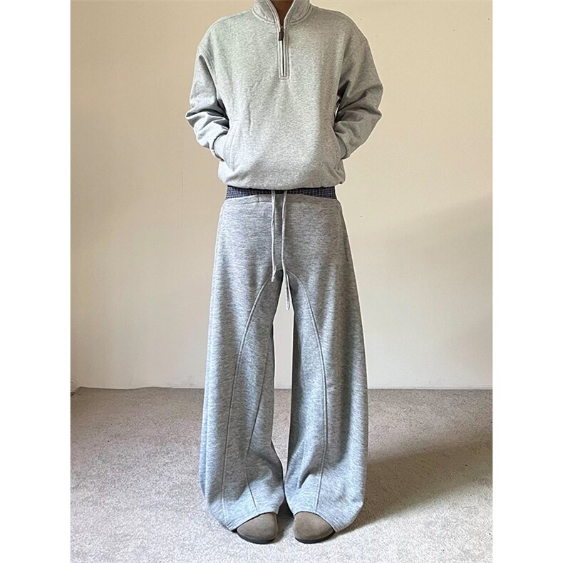 网图有货美式格子纹拼接设计感灰色卫裤阔腿休闲裤男女A1305-P50,男装休闲裤,星座1505