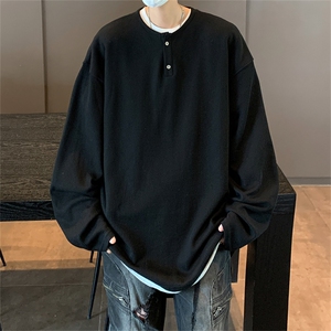 华夫格卫衣美式复古撞色假两件亨利领长袖T恤男春秋韩版百搭上衣
