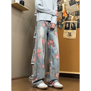 B221 美式ins高街小众桃花宽松直筒牛仔裤 LK24385-特P52控88图片