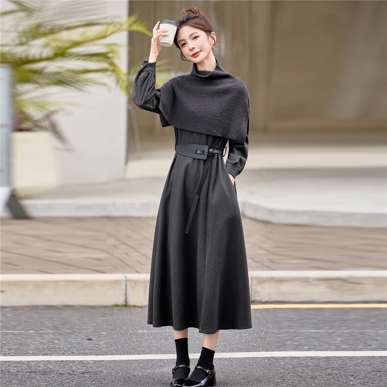 独特漂亮针织斗篷披肩连衣裙女2026春秋新款收腰显瘦减龄气质长裙,女装连衣裙,意芙