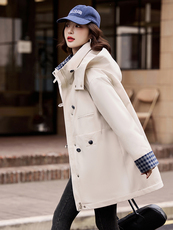 90白鸭绒2025年冬季新款休闲带帽风衣款羽绒服女，女装羽绒服，阳光伊恋