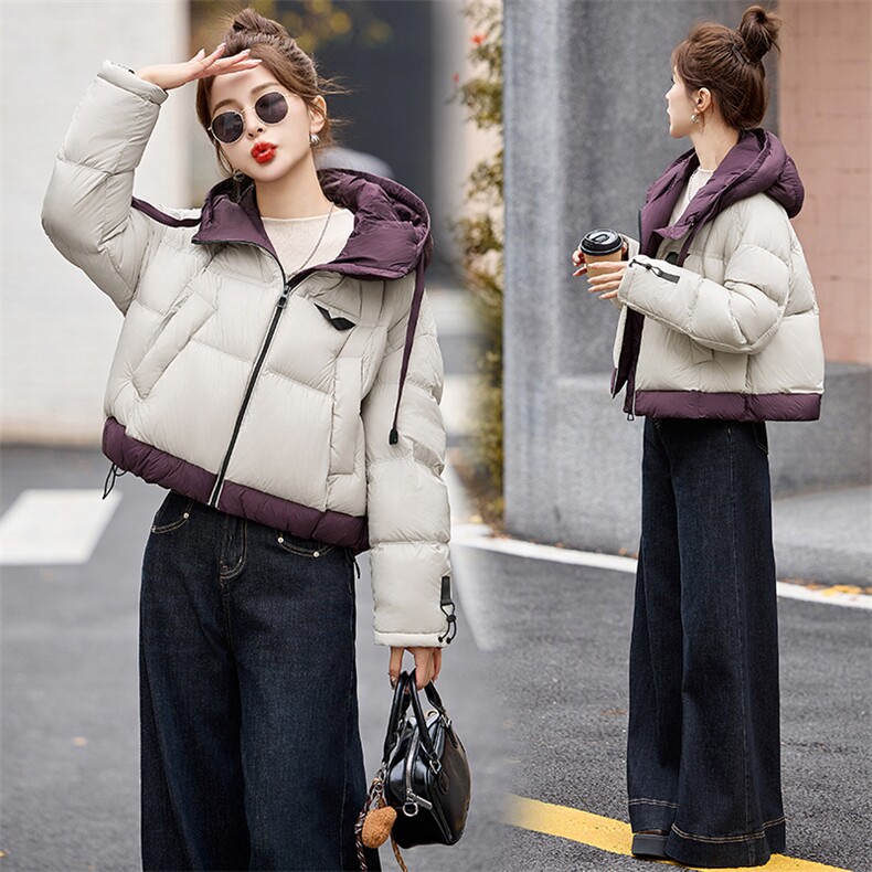 时尚撞色连帽短款羽绒服女2024冬新款超软轻薄保暖显瘦白鸭绒外套,女装羽绒服,橙子家