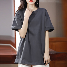 24夏新款圆领100%纯棉女士短袖宽松中长款百搭半袖t恤打底体恤衫，女装T恤，暖习羊绒
