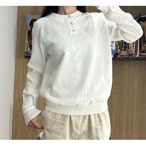 复古老钱风插肩袖竖条纹肌理感长袖针织POLO衫情侣毛衣C67082/P65图片