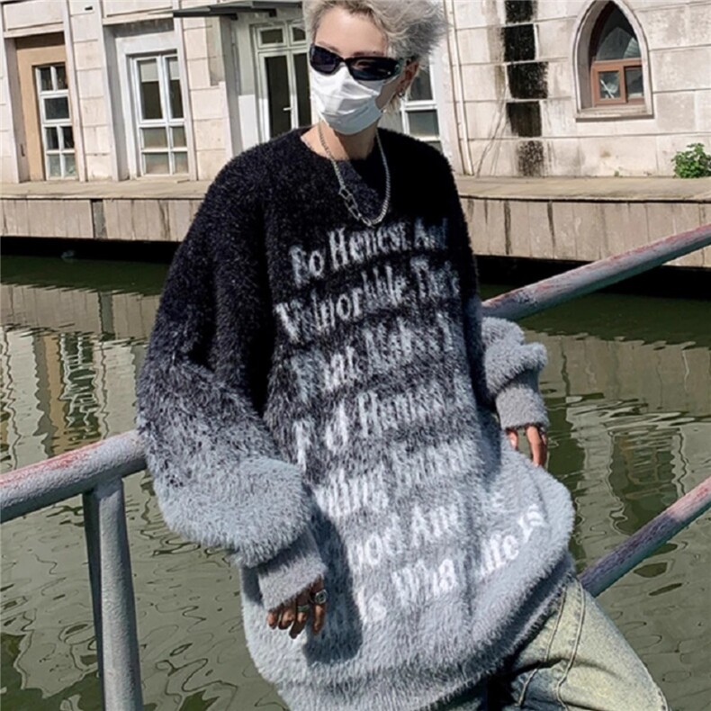 水貂毛设计感渐变字母针织衫男秋冬季慵懒风宽松软糯毛衣长袖上衣,男装针织衫/毛衣,星座506A