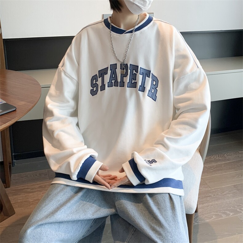 日系港风复古学院风宽松字母刺绣套头休闲情侣卫衣W2888-P32，男装卫衣，星座512-3