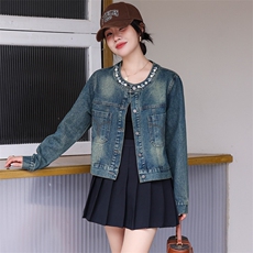 韩版圆领长袖短款牛仔外套女早秋新款高级感订珠小个子街头短外套，女装牛仔外套，跑量工厂店
