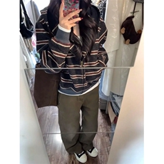 KK103-P75复古条纹拼色连帽拉链卫衣女春秋宽松开衫帽衫，男装卫衣，电商B323A