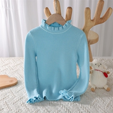 时尚女童高领毛衣纯色百搭针织衫花边领长袖保暖上衣，童装儿童针织衫，伊美侕